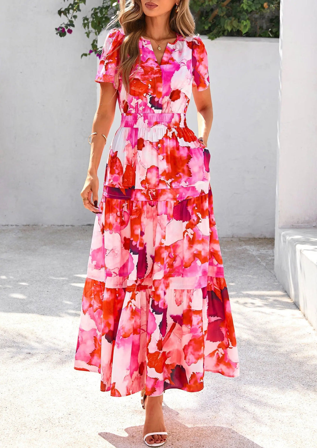 Womens Maxi Dress Floral Boho V-Neck Short Sleeve Flowy A-Line