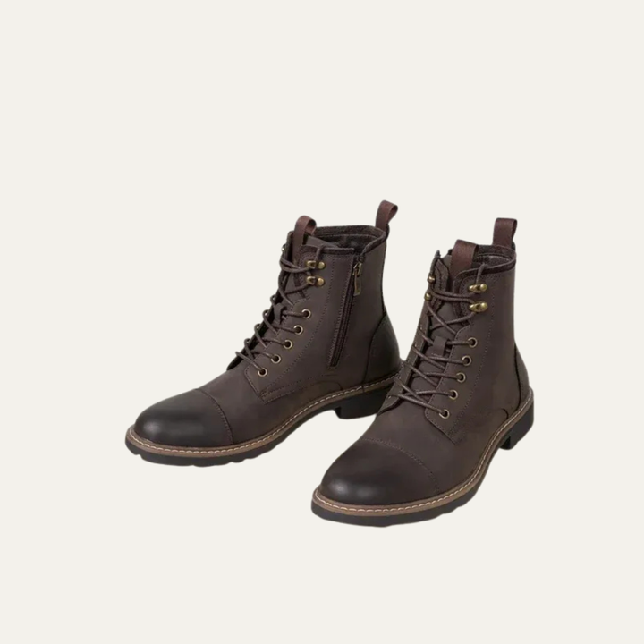 Mens Ankle Boots Leather Cap Toe Lace-Up Combat Style