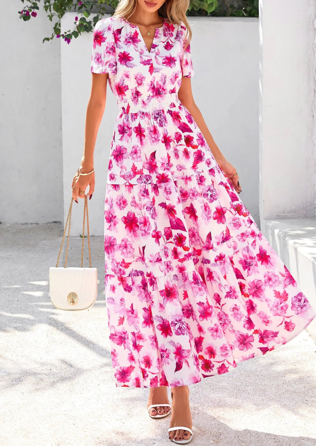 Womens Maxi Dress Floral Boho V-Neck Short Sleeve Flowy A-Line