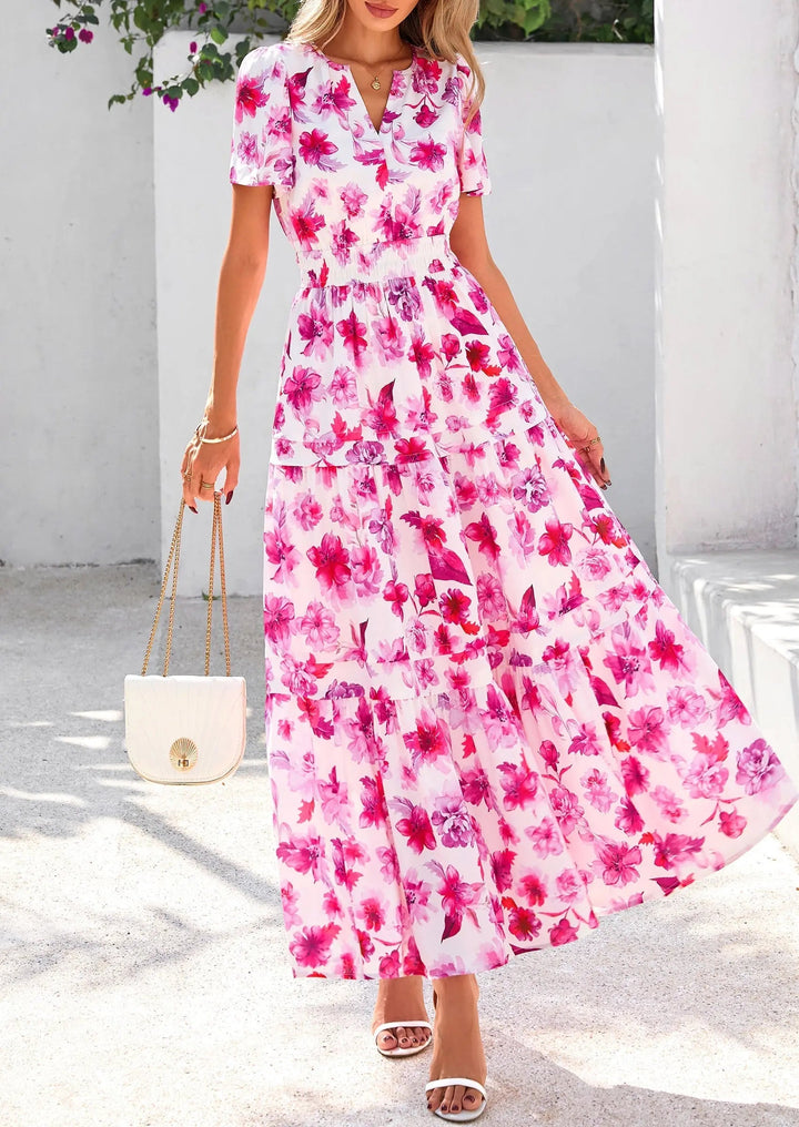 Womens Maxi Dress Floral Boho V-Neck Short Sleeve Flowy A-Line