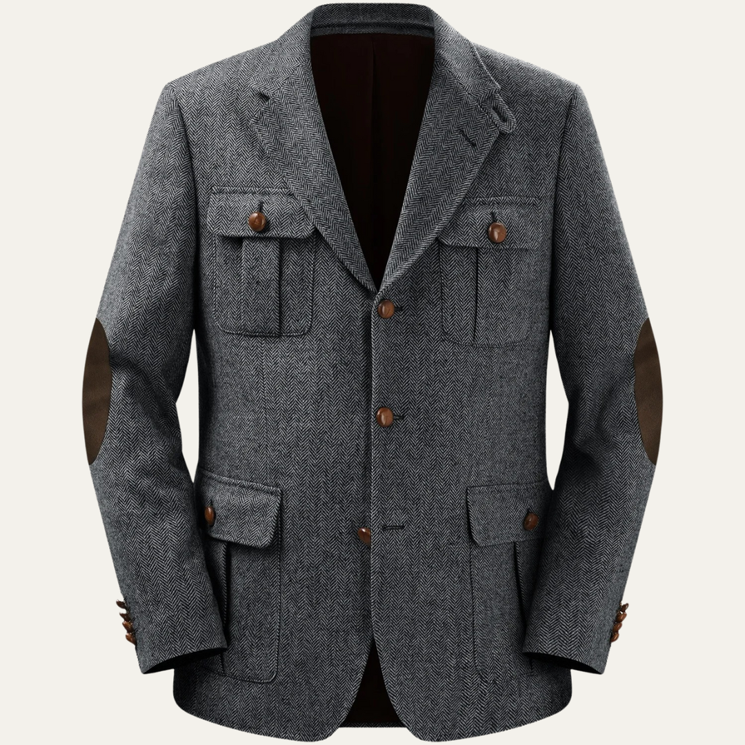 Mens Wool Blend Tweed Blazer Herringbone Pattern Classic Fit