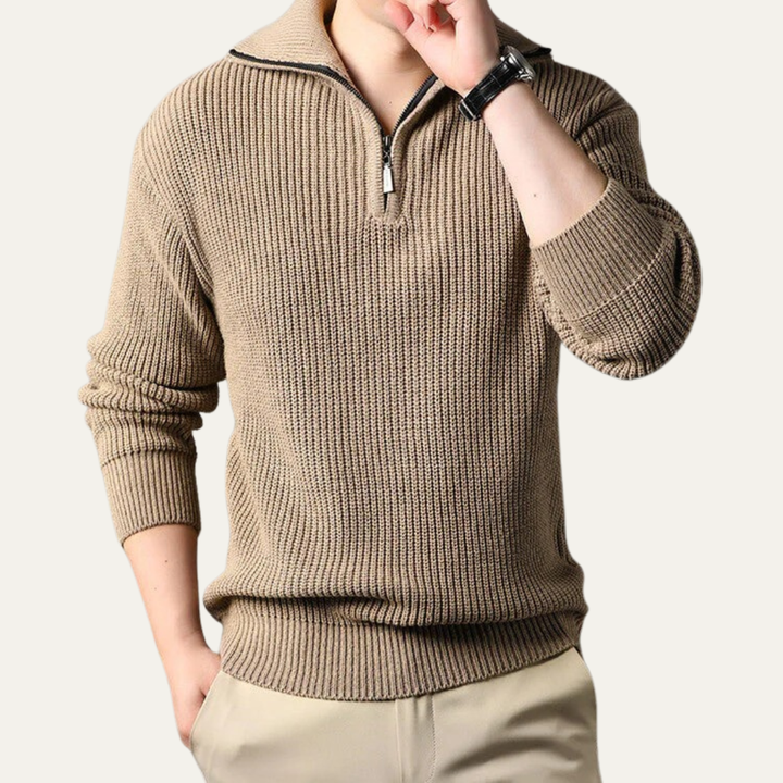 Mens Ribbed Quarter-Zip Sweater Turn-Down Collar