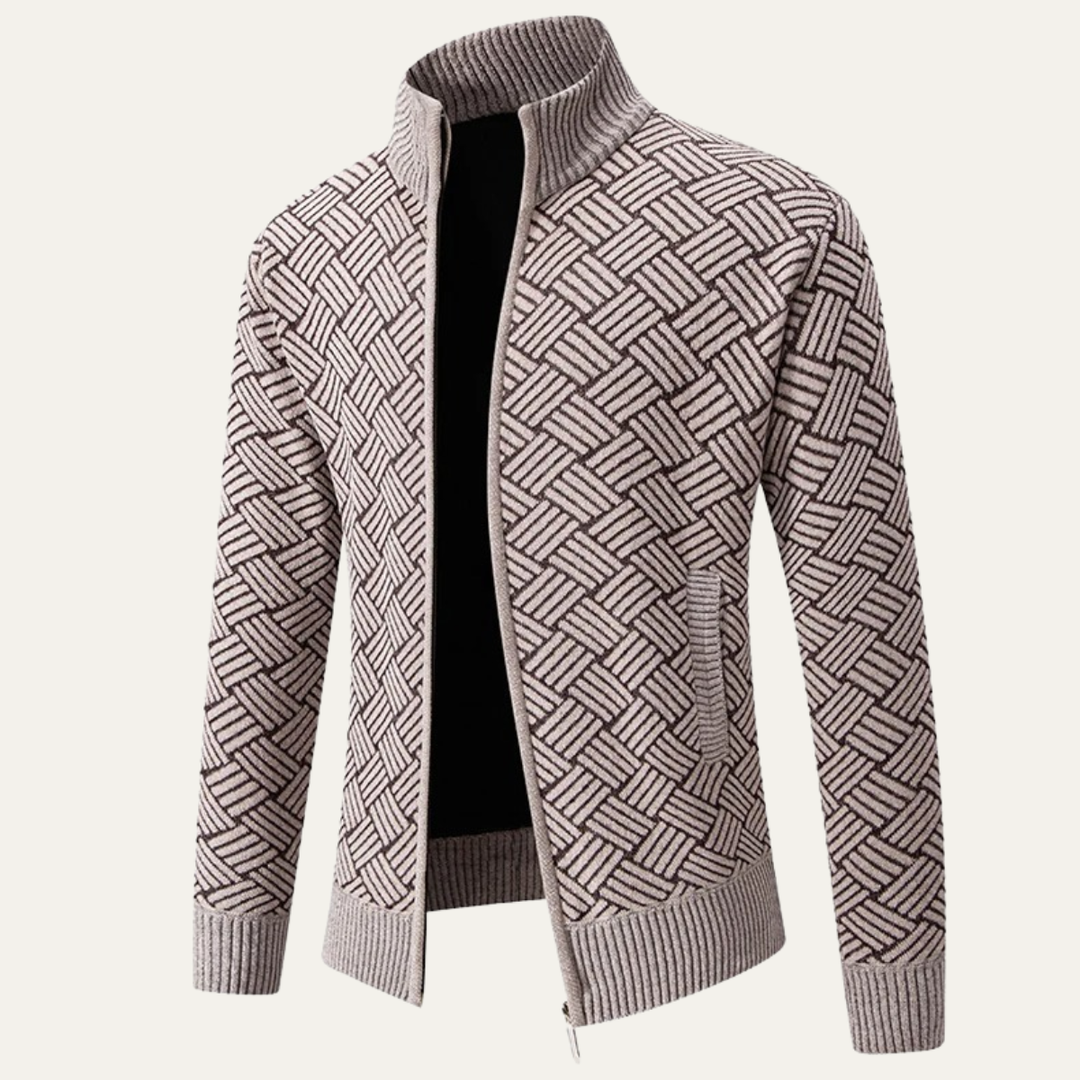 Mens Knit Jacket Diamond Pattern Stand Collar Elegant Fit