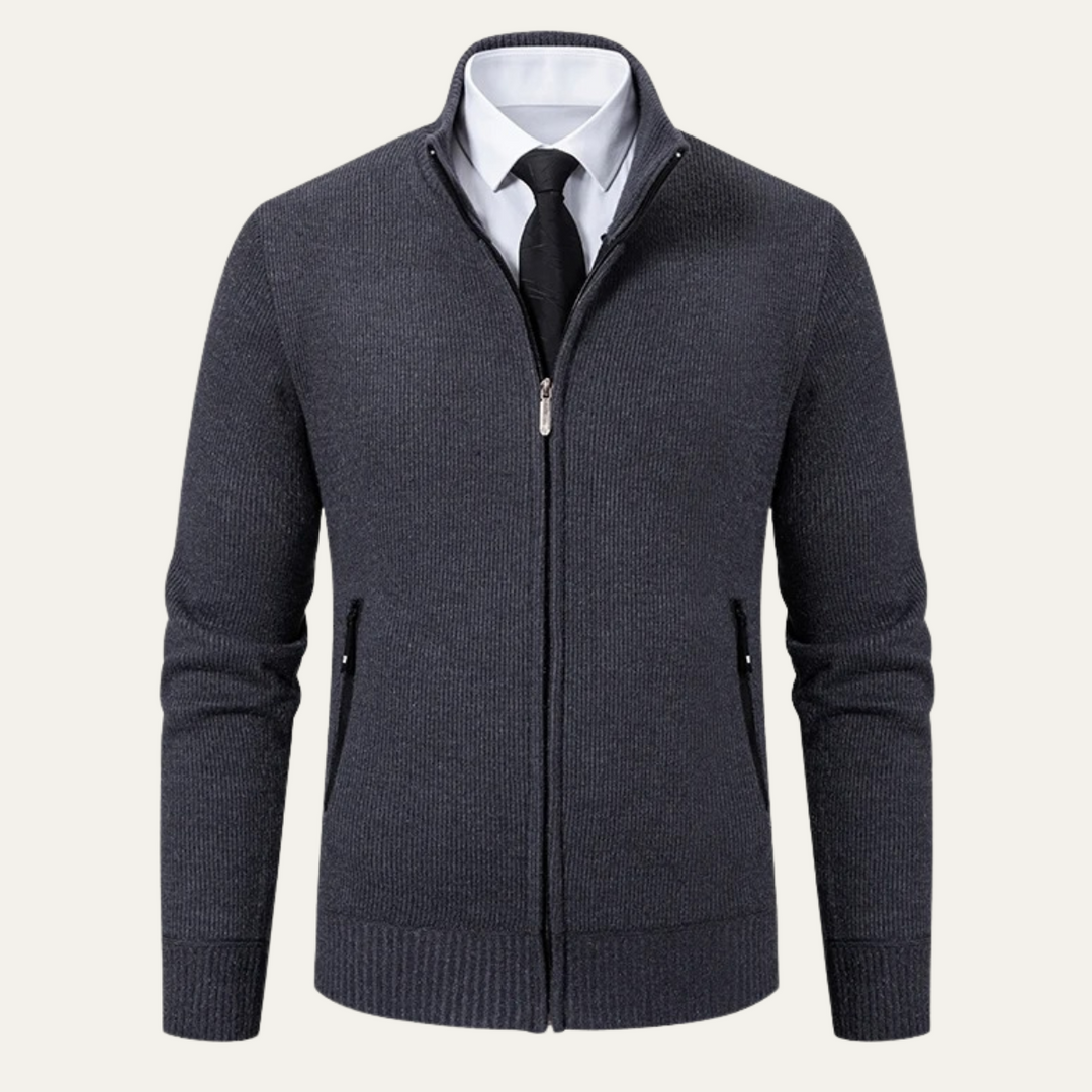 Mens Fleece Knit Zip Cardigan with Pockets Elegant Fit