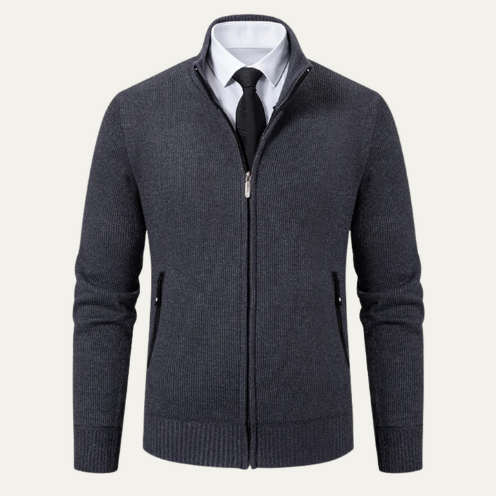 Mens Fleece Knit Zip Cardigan with Pockets Elegant Fit