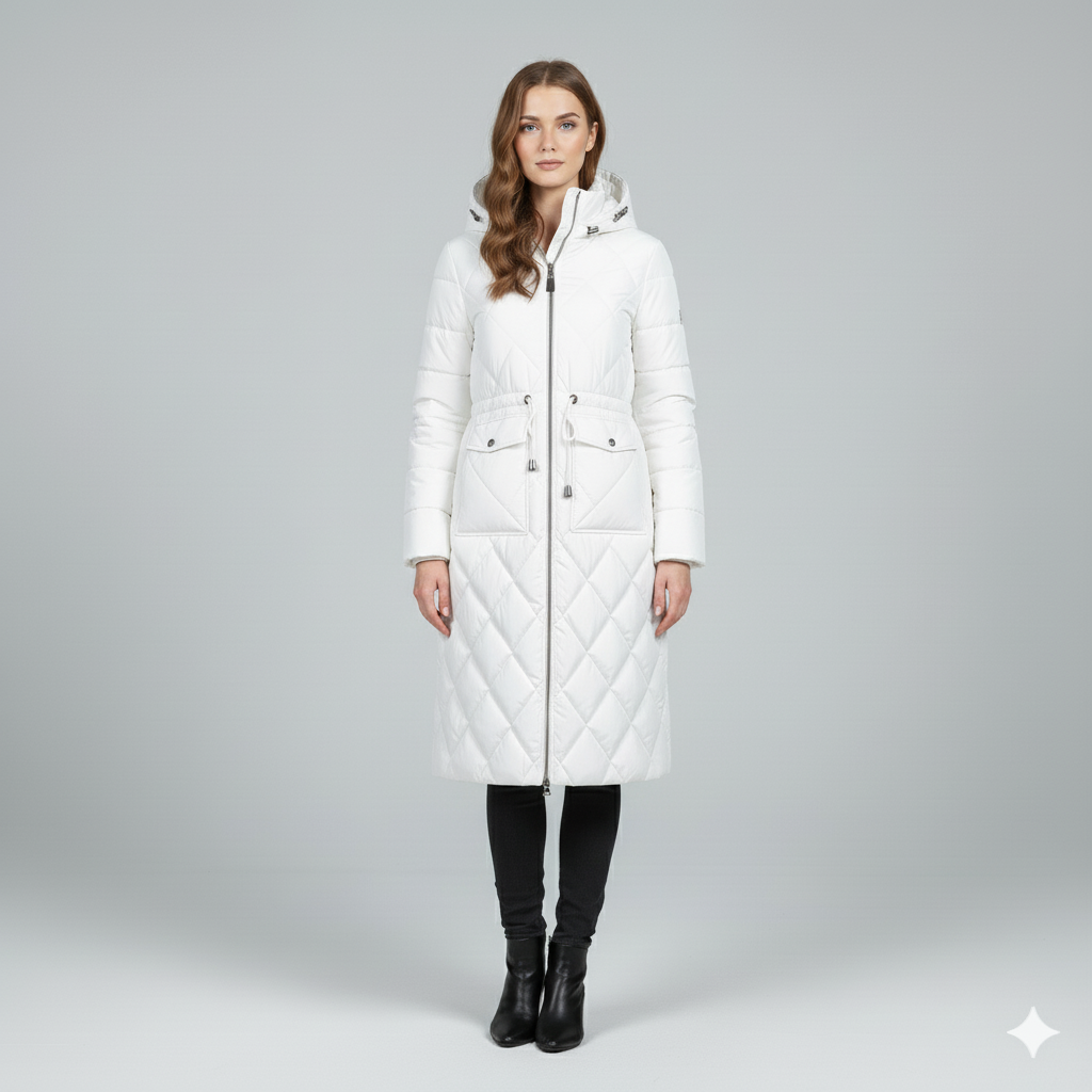 Womens Quilted Padded Jacket with Hood Knee-Length Fit - BritishMode