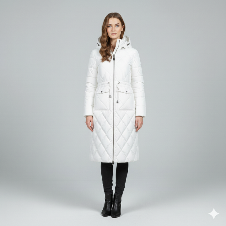 Womens Quilted Padded Jacket with Hood Knee-Length Fit - BritishMode