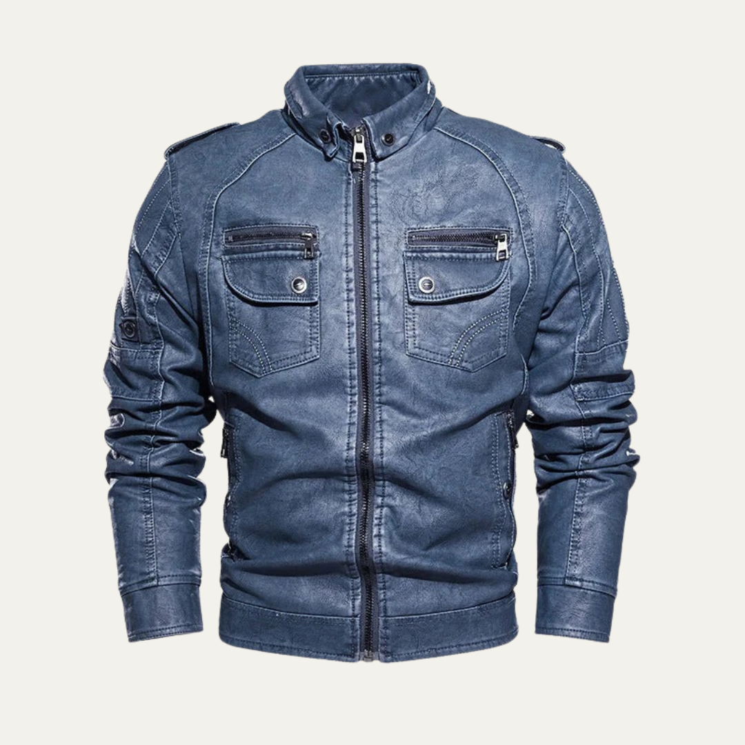 Mens Leather Jacket Biker Style Multi Pocket