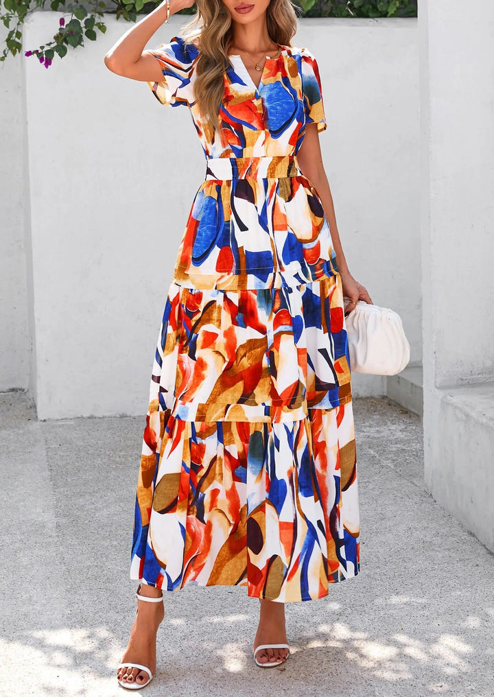 Womens Maxi Dress Floral Boho V-Neck Short Sleeve Flowy A-Line
