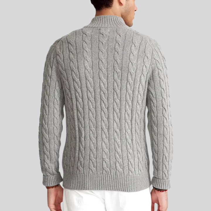 Mens Cable Knit Sweater Mock Neck Quarter Zip