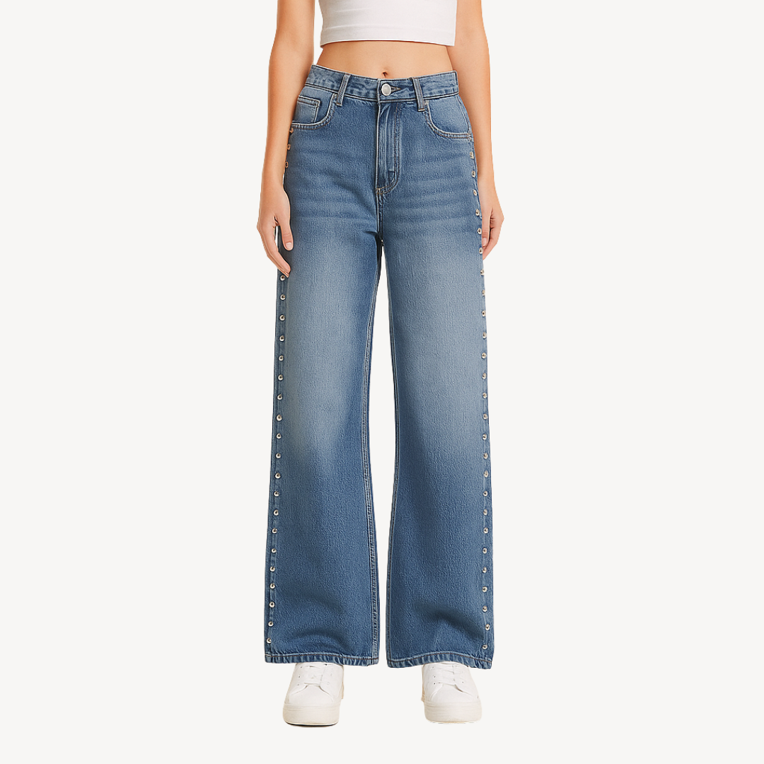 Womens Wide-Leg Jeans with Button Details Relaxed Fit - BritishMode