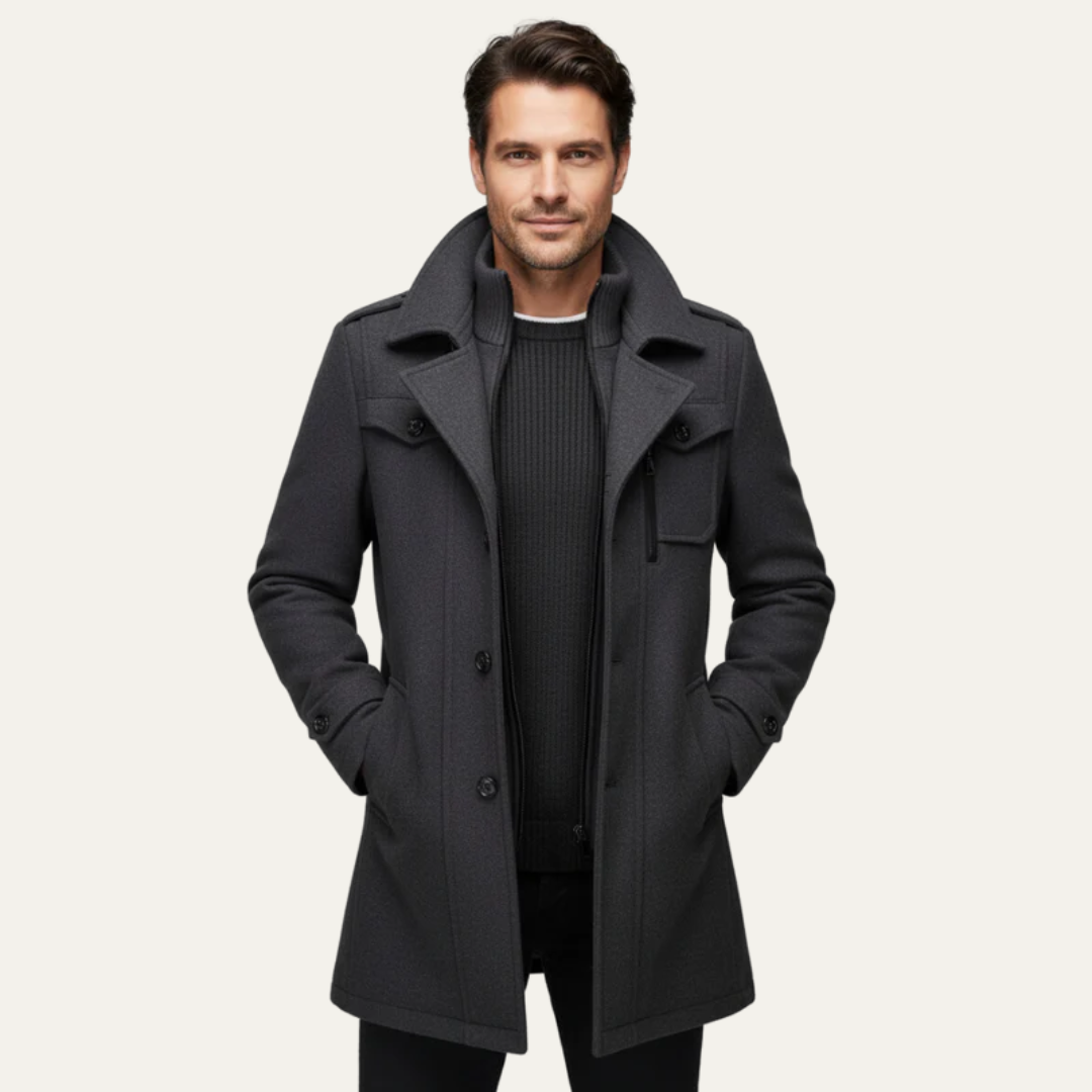 Mens Wool Blend Topcoat Military Inspired Mid Thigh Length - BritishMode