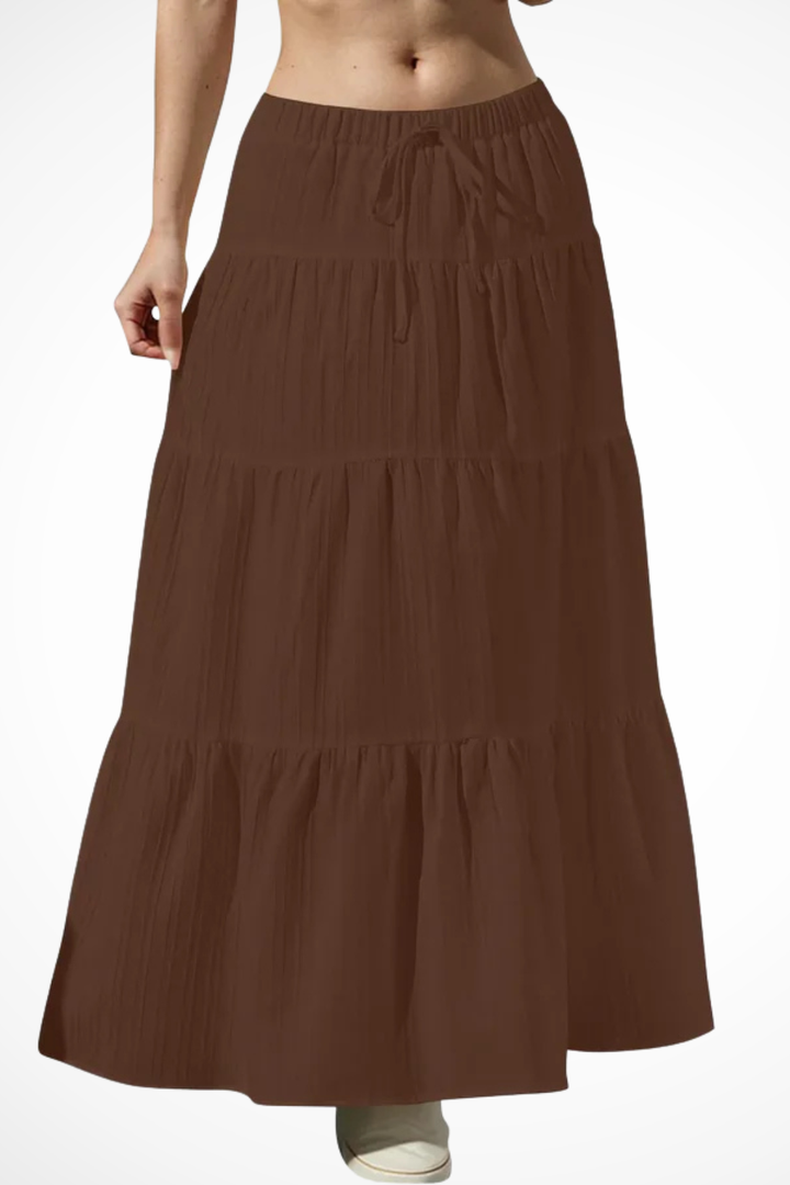 Womens Maxi Skirt Elastic Waist Drawstring Tiered Boho Style