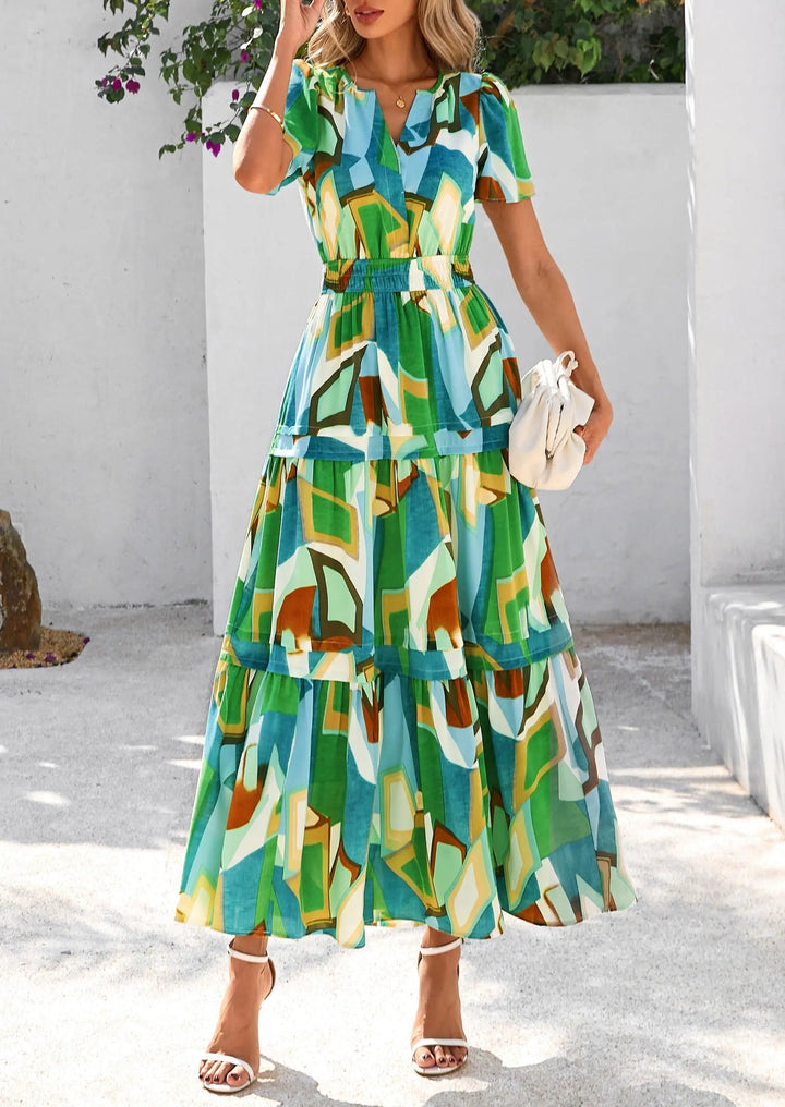 Womens Maxi Dress Floral Boho V-Neck Short Sleeve Flowy A-Line
