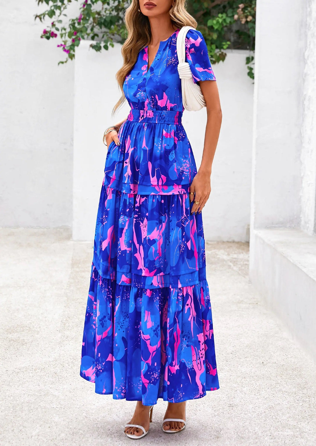 Womens Maxi Dress Floral Boho V-Neck Short Sleeve Flowy A-Line