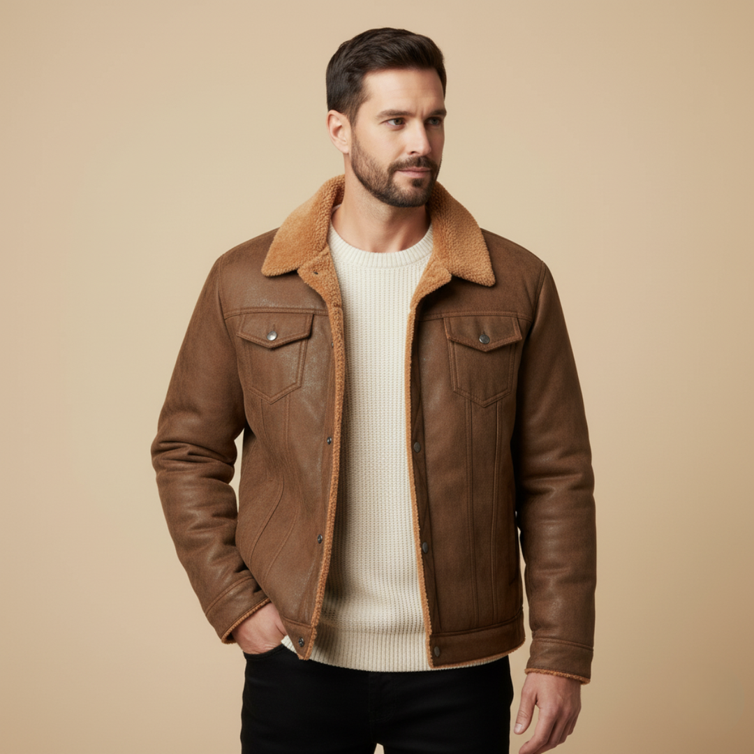 Mens Vintage Leather Jacket with Shearling Collar