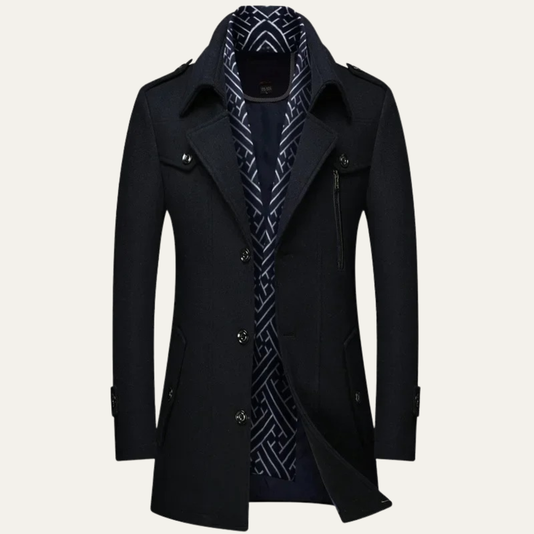 Mens Wool Blend Trench Coat with Lapel Collar Long Fit