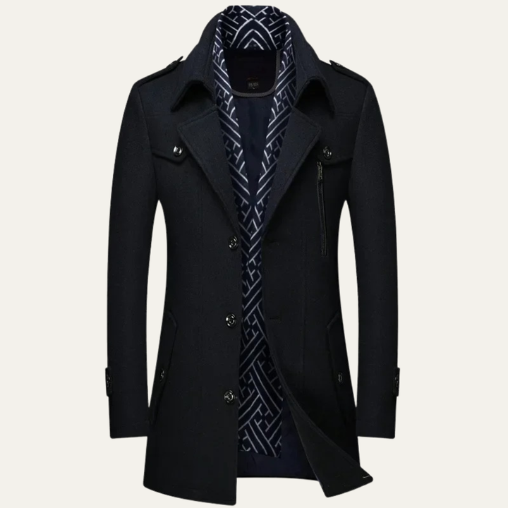 Mens Wool Blend Trench Coat with Lapel Collar Long Fit