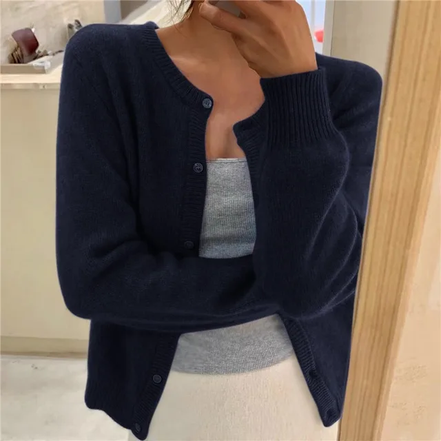 Womens Knit Cardigan Soft Fabric Round Neck Long Sleeve