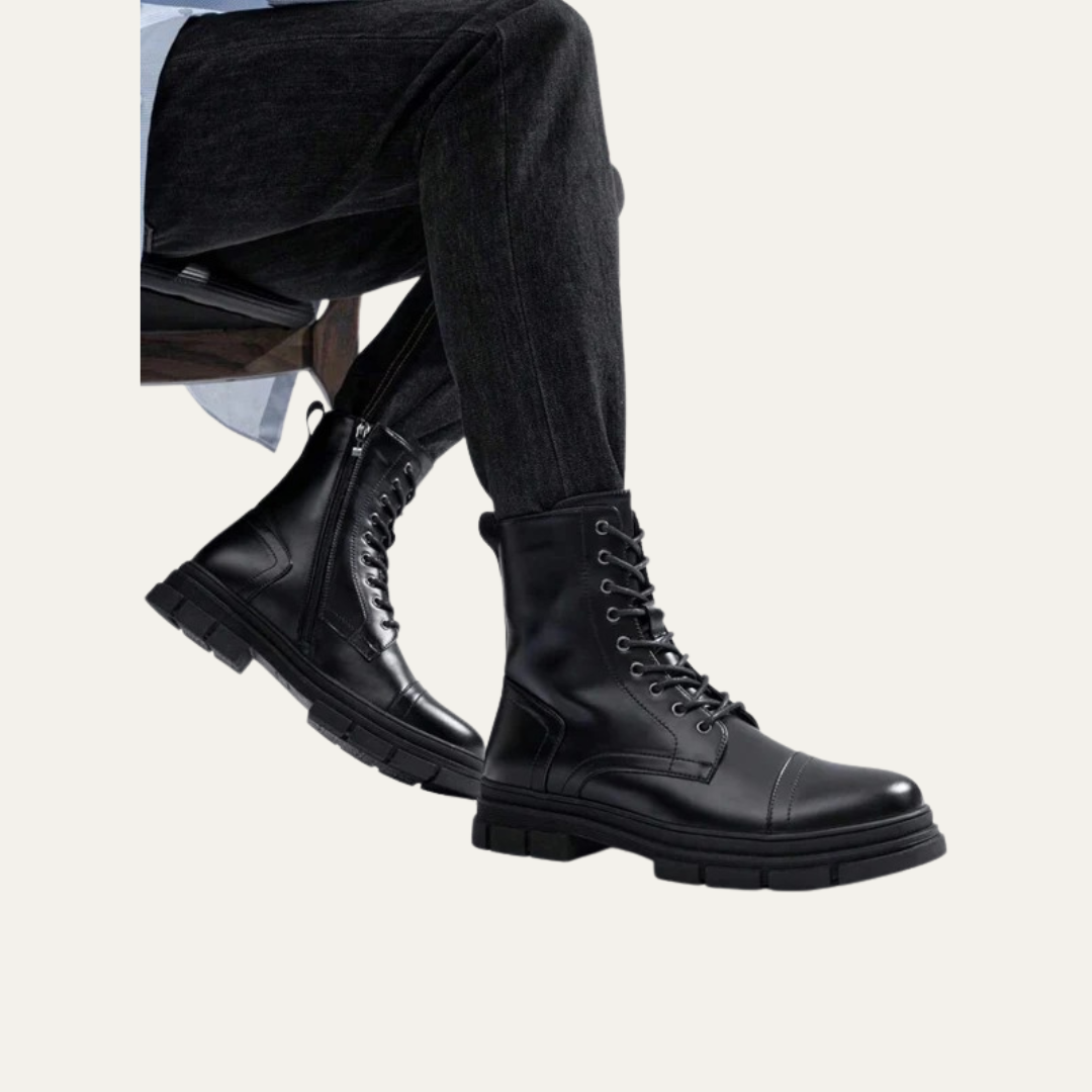 Mens Combat Boots Leather Cap Toe Side Zipper