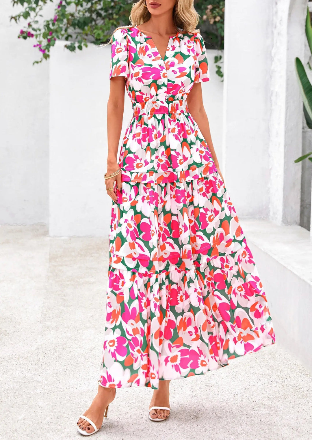 Womens Maxi Dress Floral Boho V-Neck Short Sleeve Flowy A-Line
