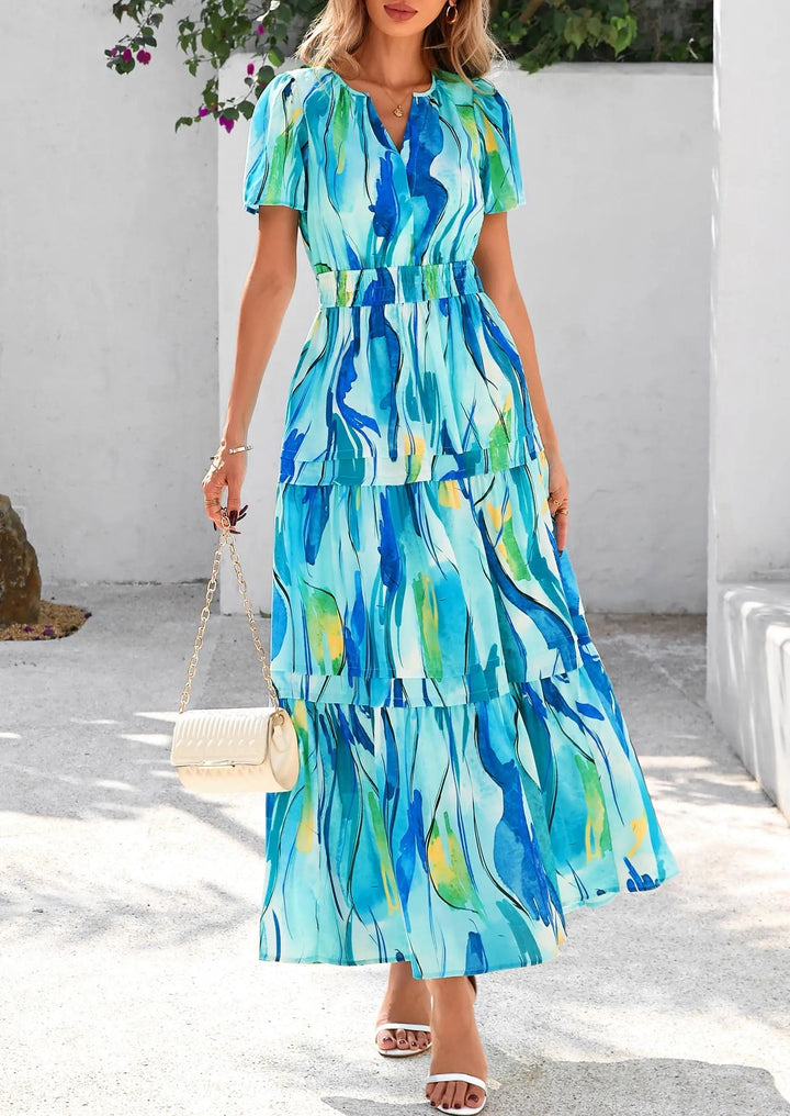 Womens Maxi Dress Floral Boho V-Neck Short Sleeve Flowy A-Line