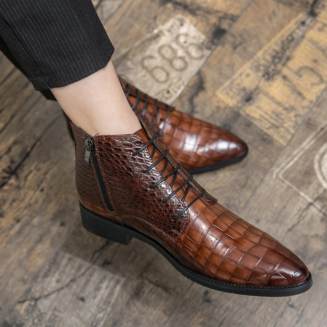 Mens Leather Ankle Boots Crocodile Pattern Classic Fit