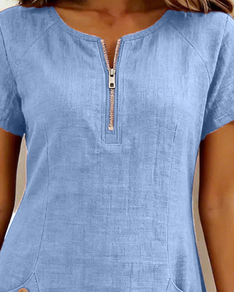 Womens Shift Dress Short Sleeve Zip Neck with Pockets