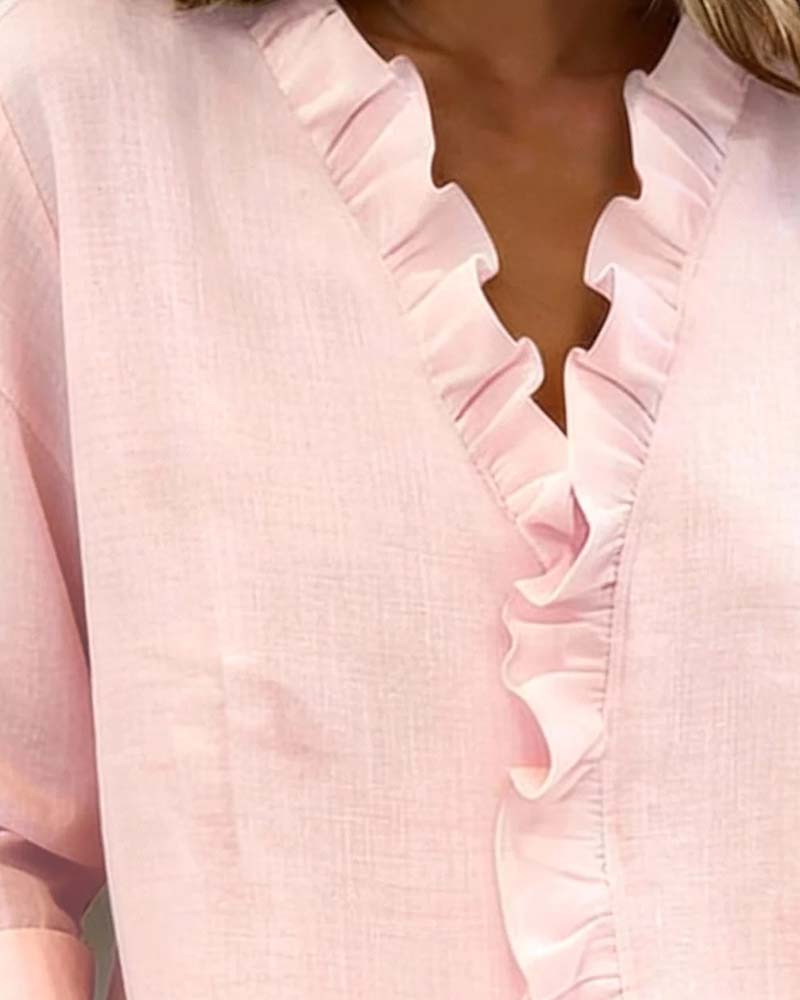 Womens Long Sleeve Blouse with Ruffle V-Neck Relaxed Fit