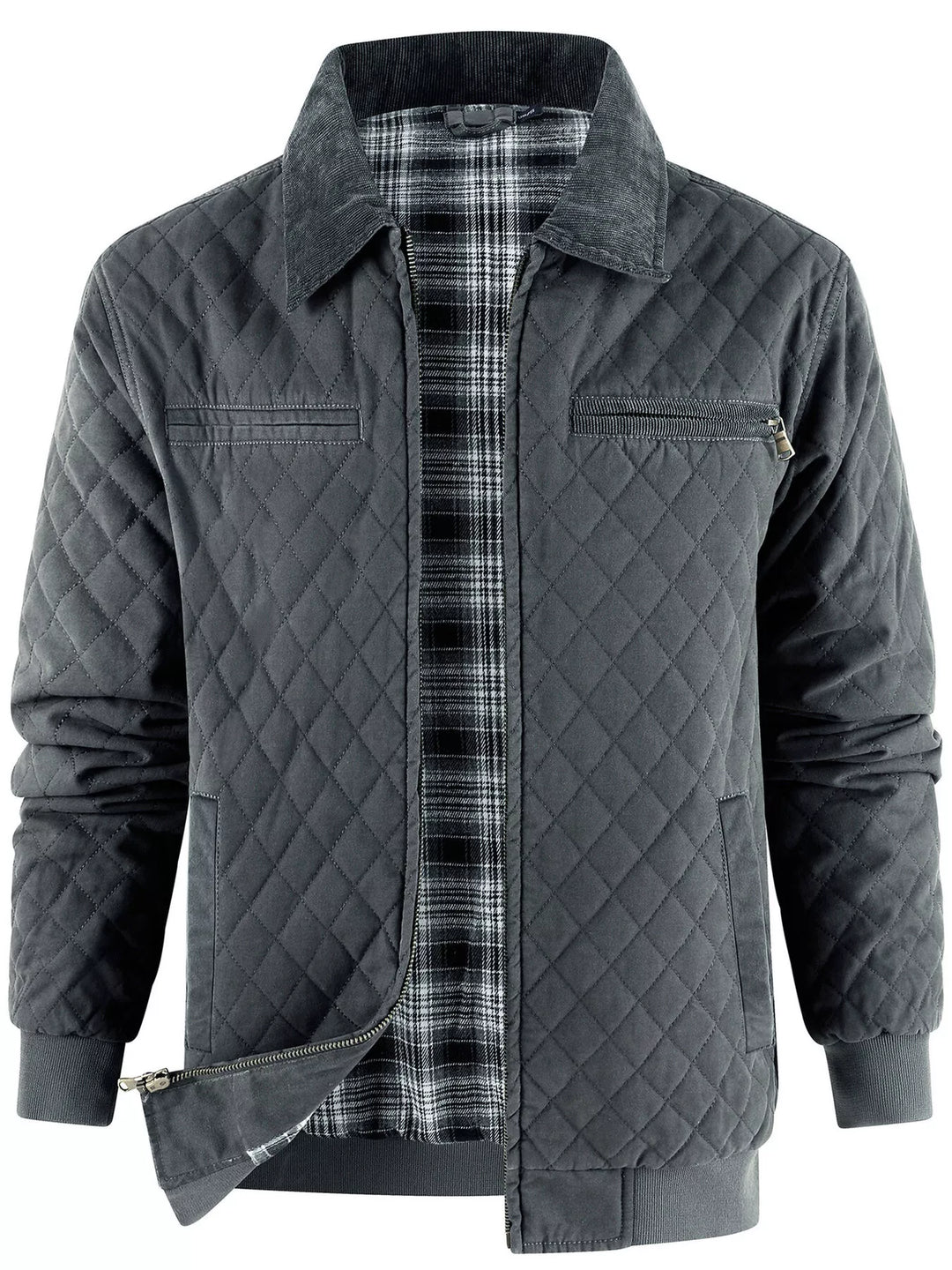 Mens Quilted Jacket Plaid Lined Warm Fit