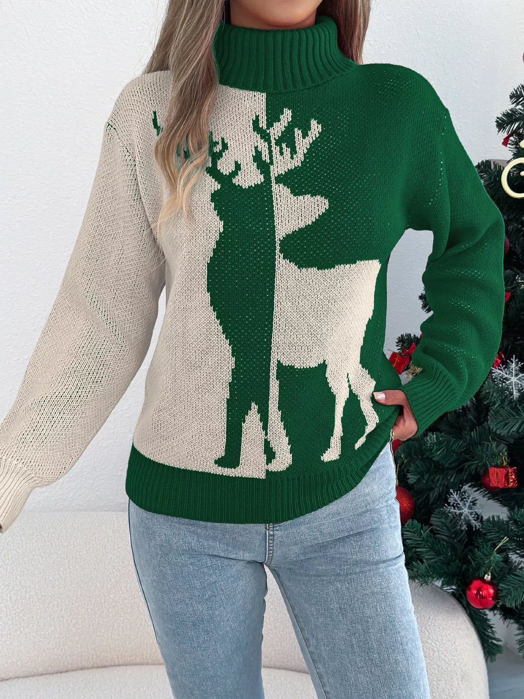Unisex Crew Neck Sweater with Reindeer Pattern Cozy Fit