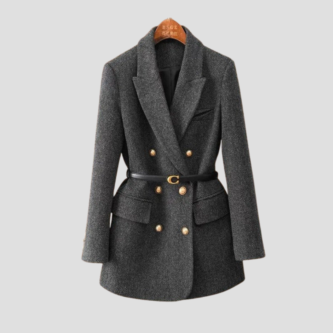 Womens Herringbone Blazer Coat Belted Fit - BritishMode
