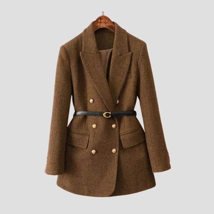 Womens Herringbone Blazer Coat Belted Fit