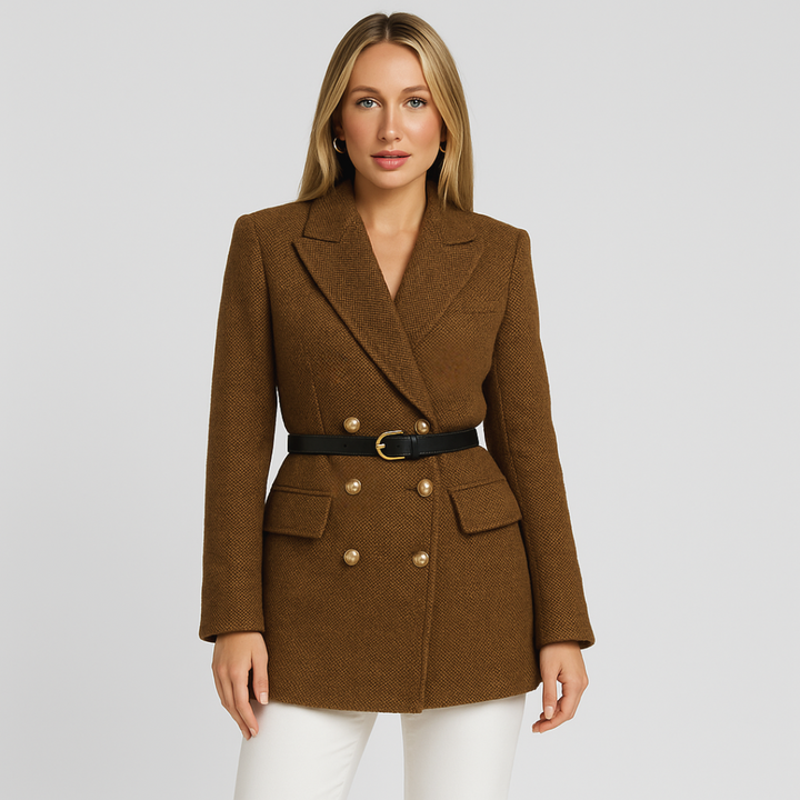 Womens Herringbone Blazer Coat Belted Fit