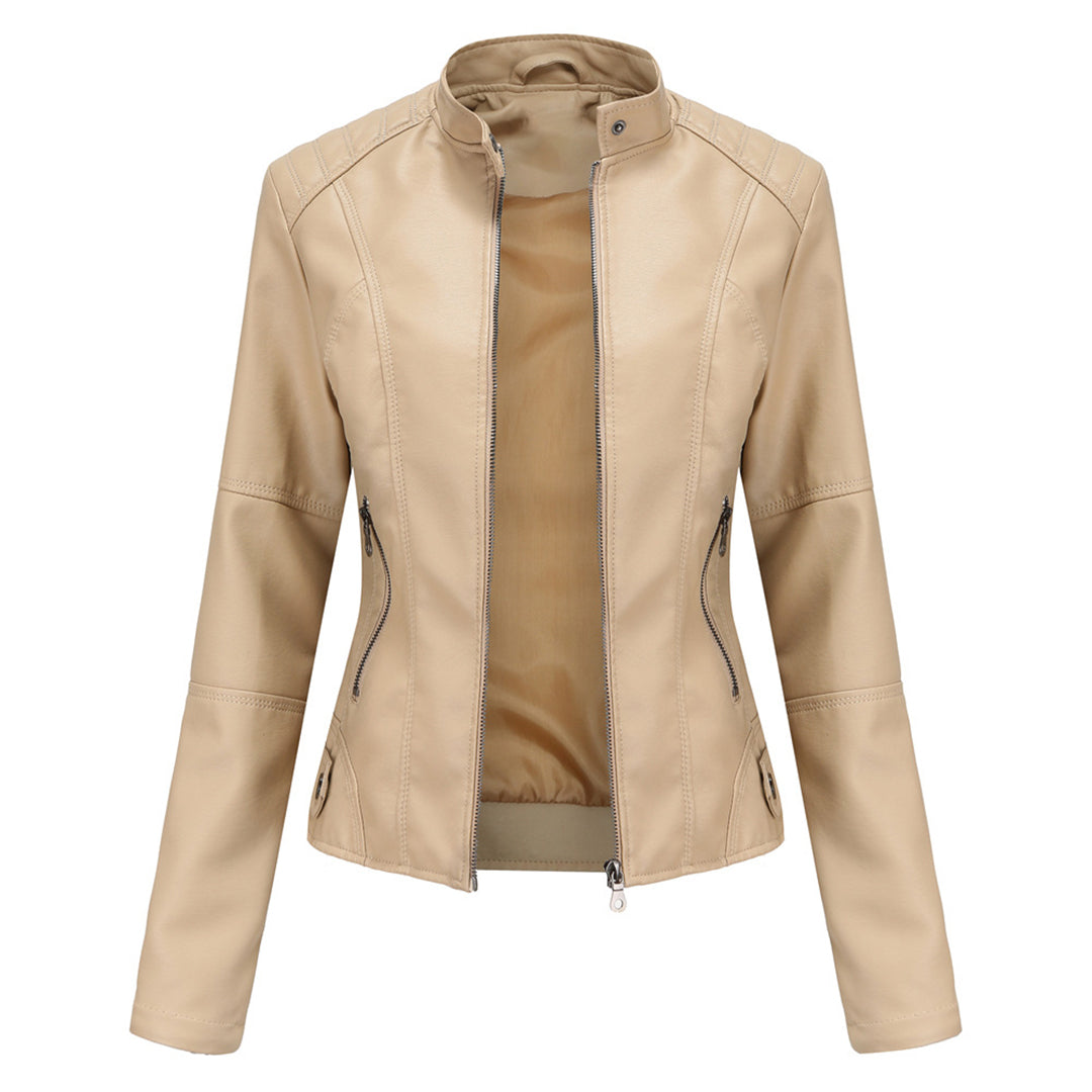 Womens Leather Biker Jacket with Zipper Slim Fit