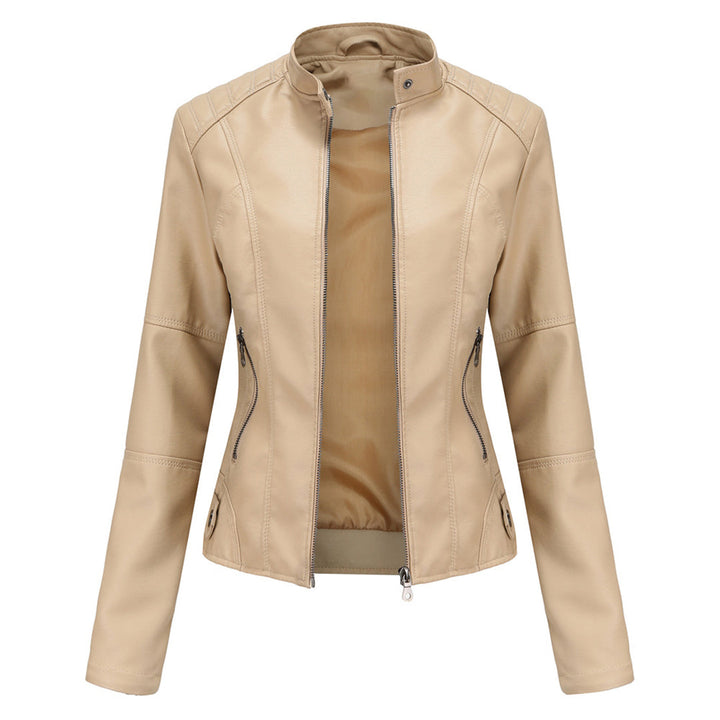 Womens Leather Biker Jacket with Zipper Slim Fit