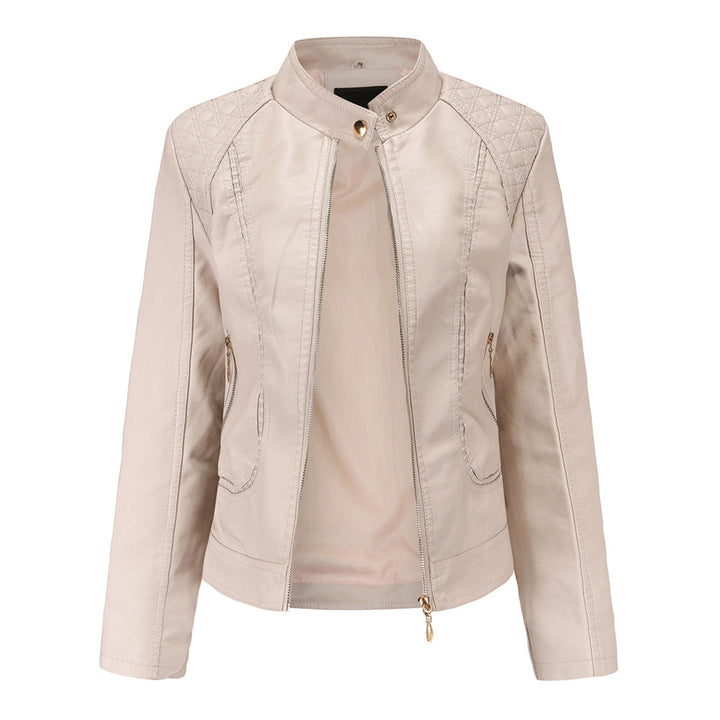 Womens PU Leather Jacket Stand-Up Collar Slim Fit