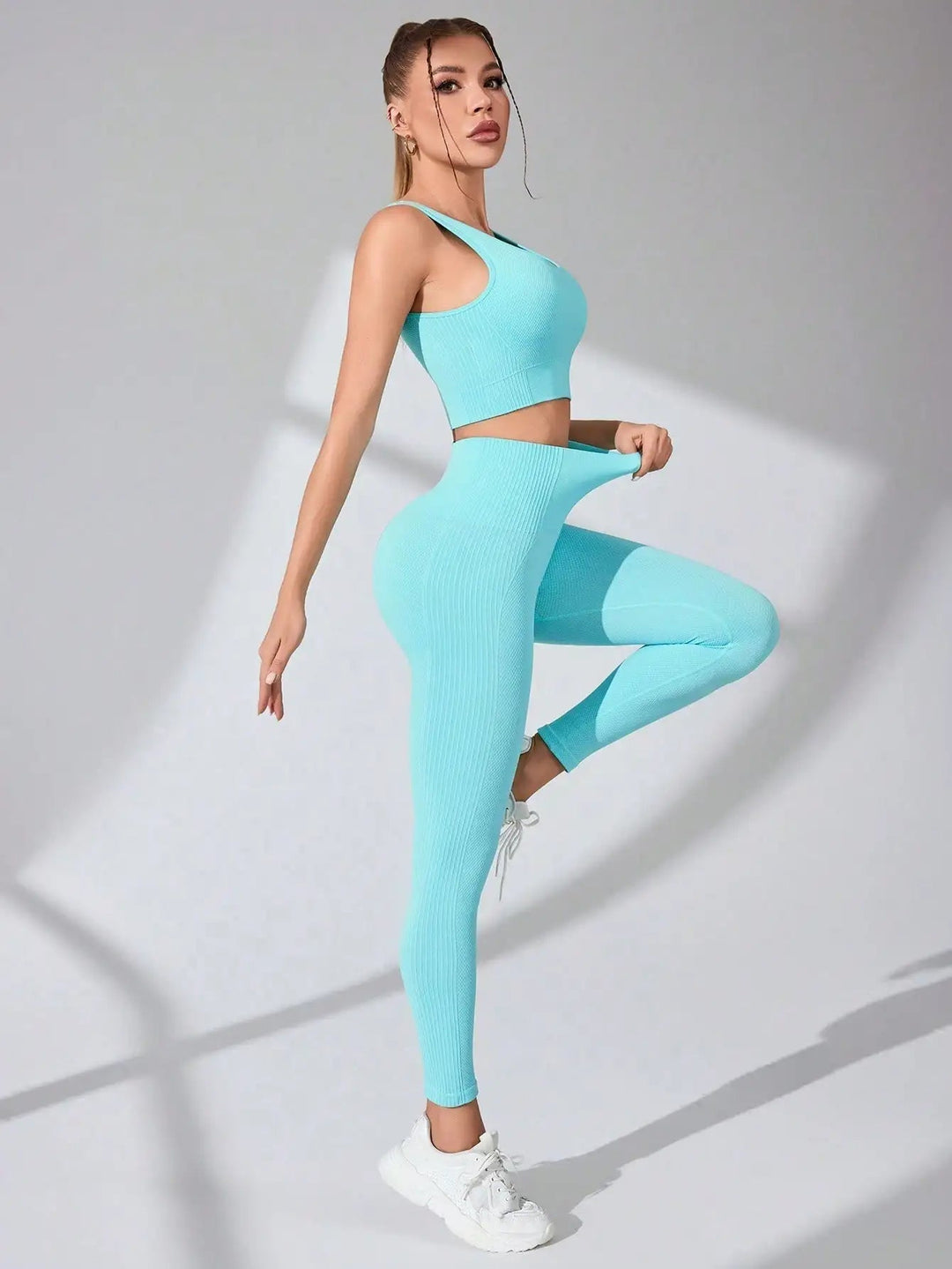 Womens Seamless Gym Set High Waist Leggings Cross Back Bra