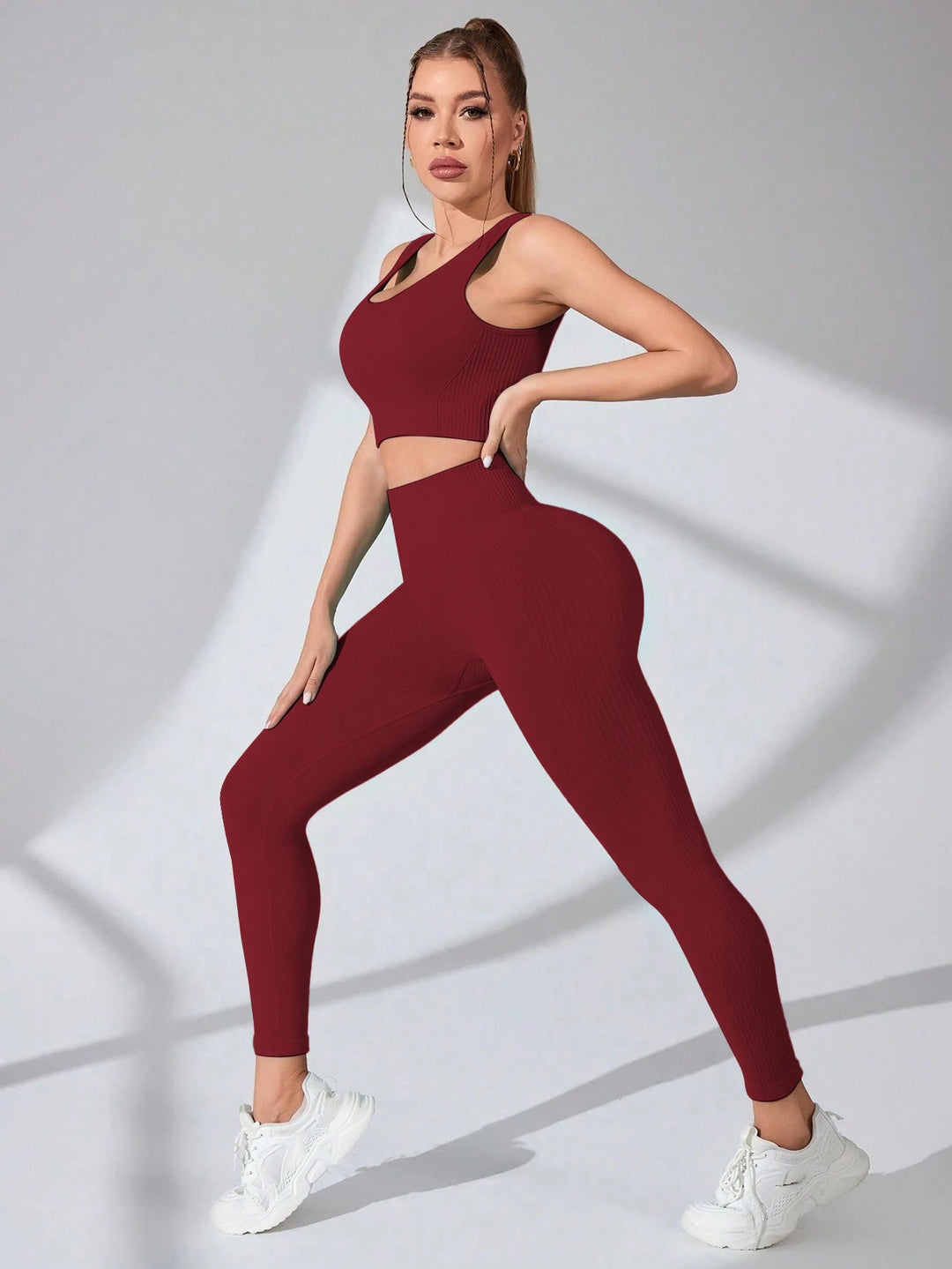Womens Seamless Gym Set High Waist Leggings Cross Back Bra