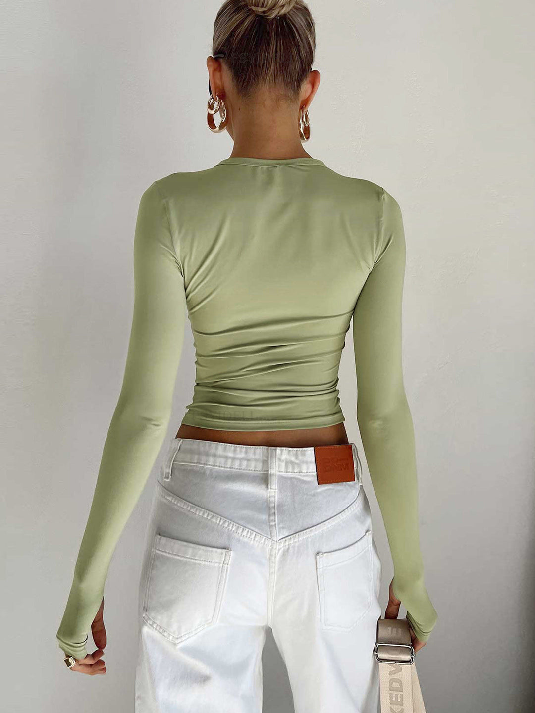 Womens Crop Top Ruched Long Sleeve Asymmetric Neck Fitted