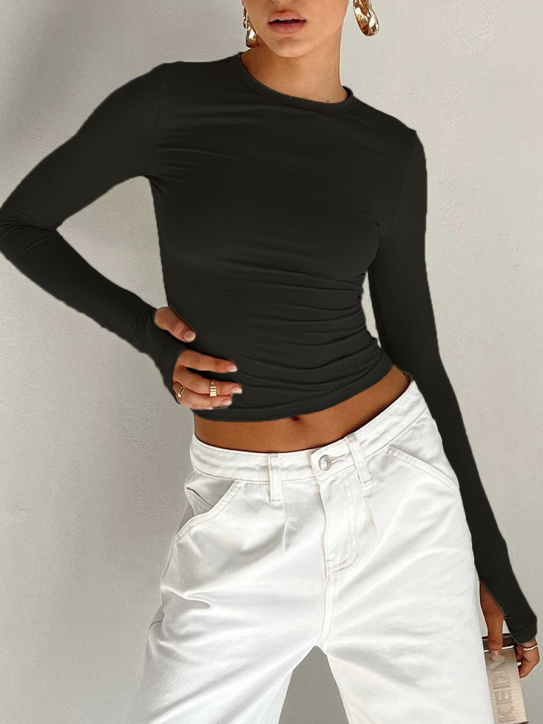 Womens Crop Top Ruched Long Sleeve Asymmetric Neck Fitted
