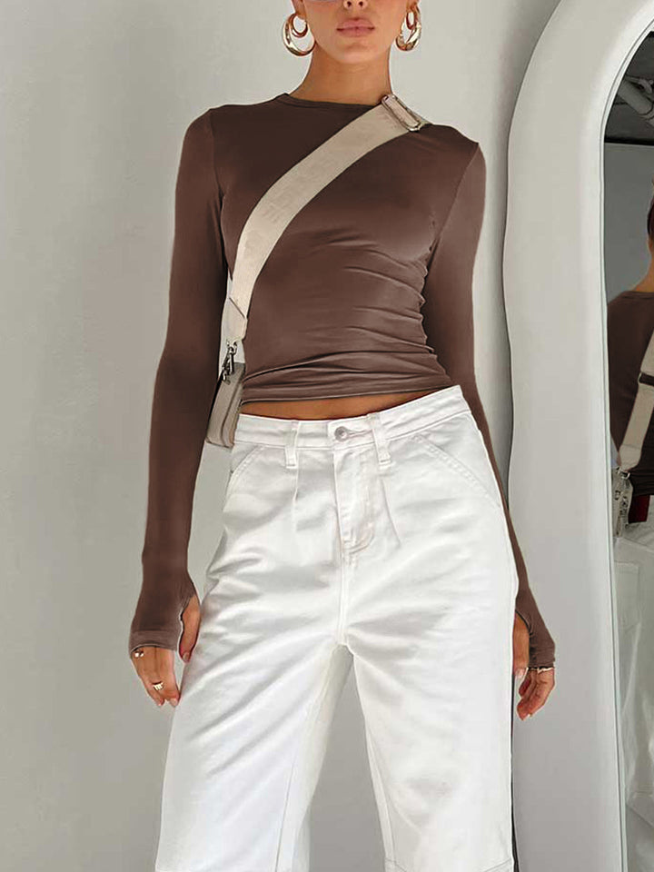 Womens Crop Top Ruched Long Sleeve Asymmetric Neck Fitted