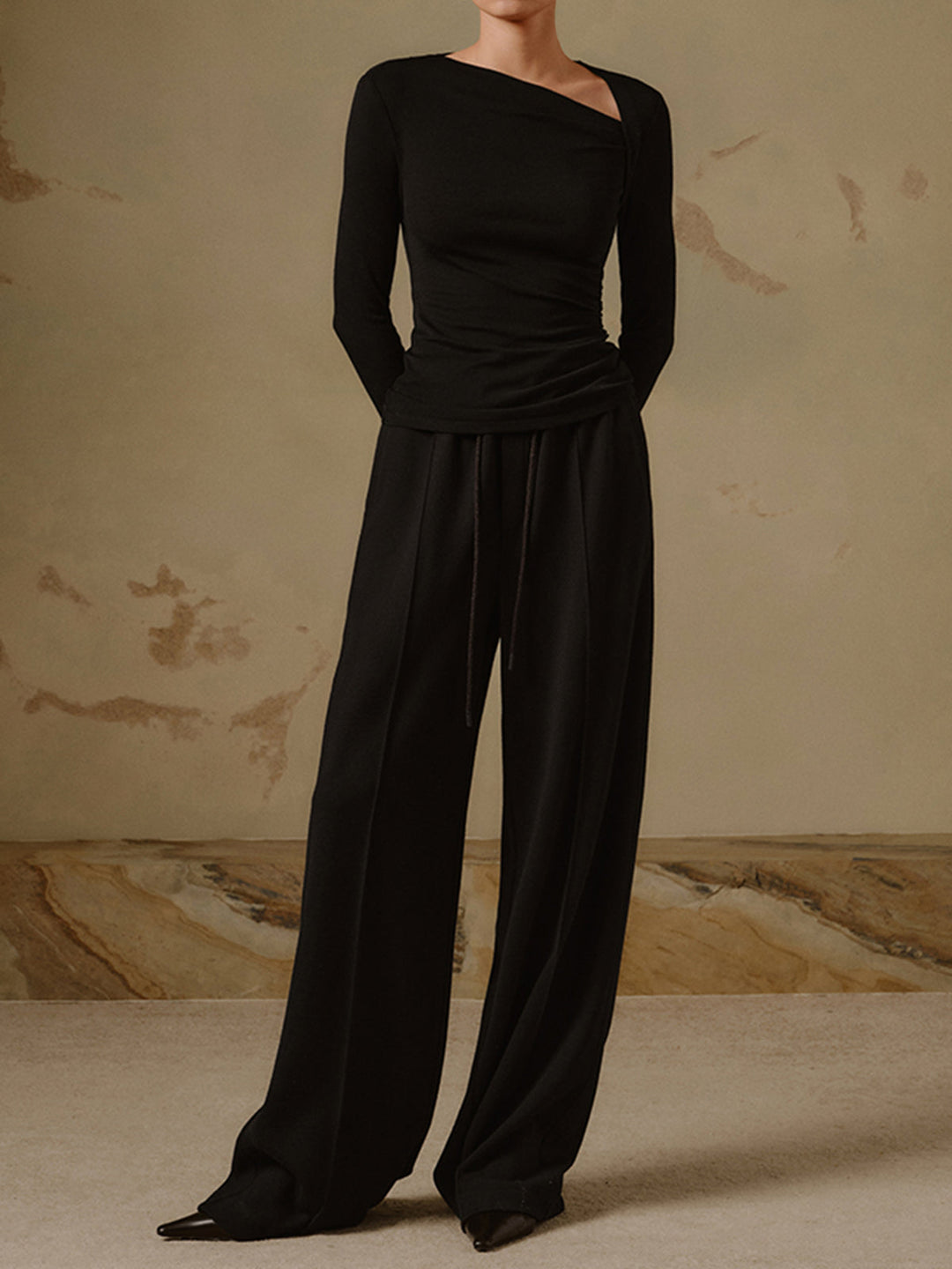 Womens Ribbed Knit Long Sleeve Top Slim Fit Asymmetric Neckline