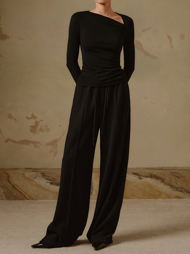 Womens Ribbed Knit Long Sleeve Top Slim Fit Asymmetric Neckline