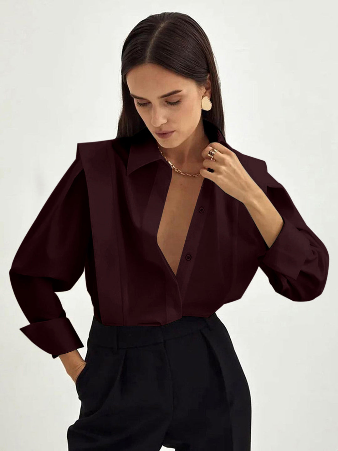 Womens Collared Blouse Polyester Straight Fit Shirt