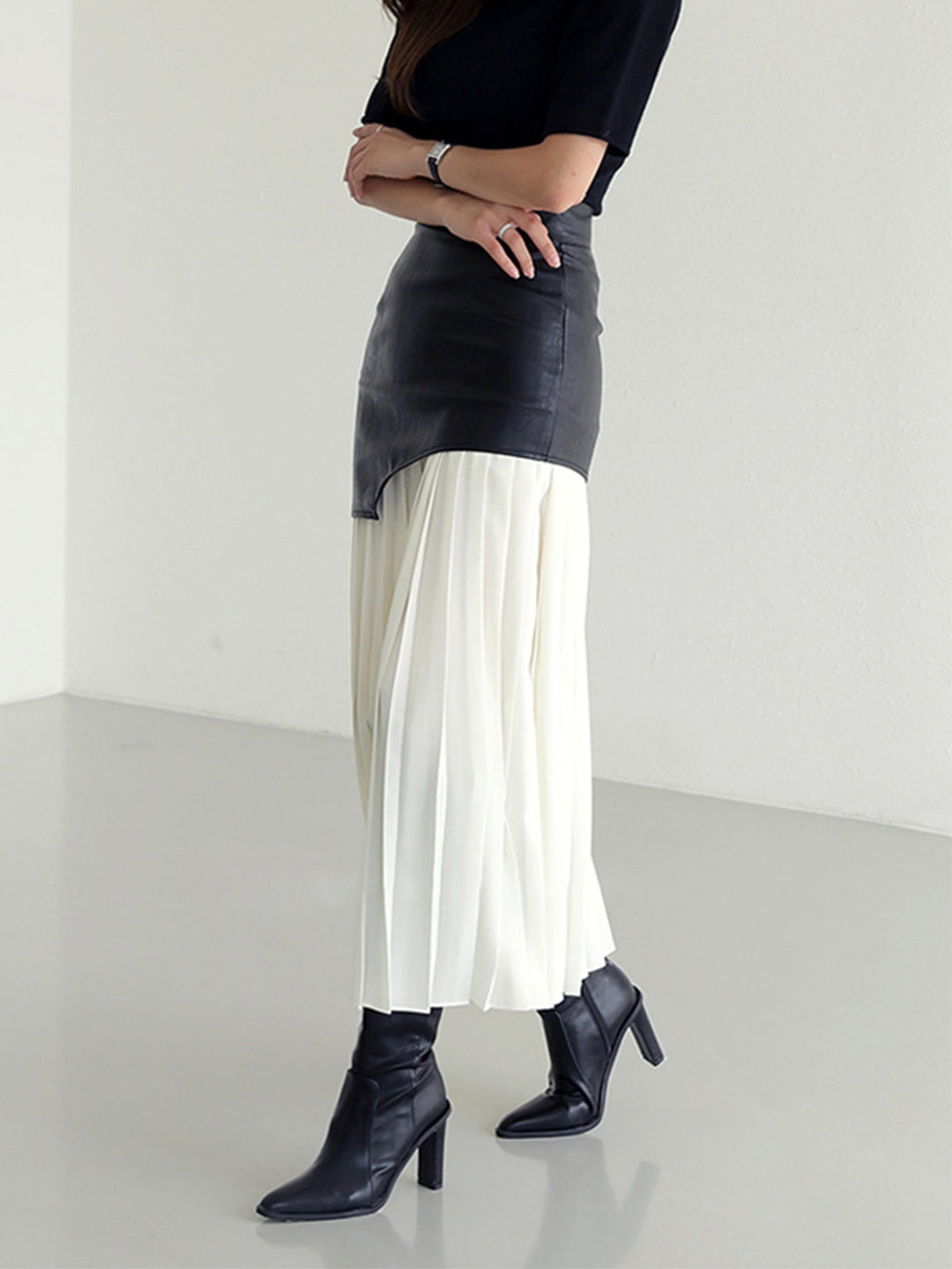 Womens Midi Skirt Faux Leather Chiffon Asymmetrical Regular Fit