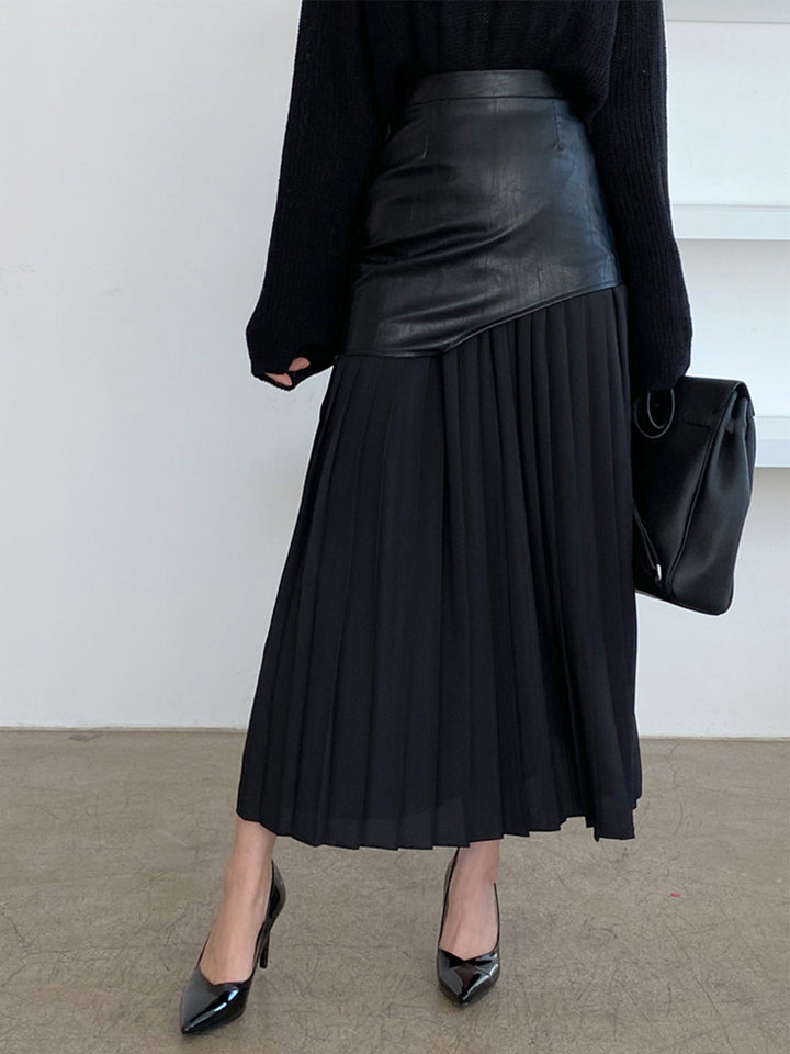 Womens Midi Skirt Faux Leather Chiffon Asymmetrical Regular Fit