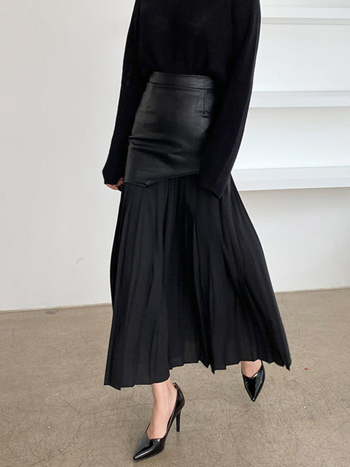 Womens Midi Skirt Faux Leather Chiffon Asymmetrical Regular Fit