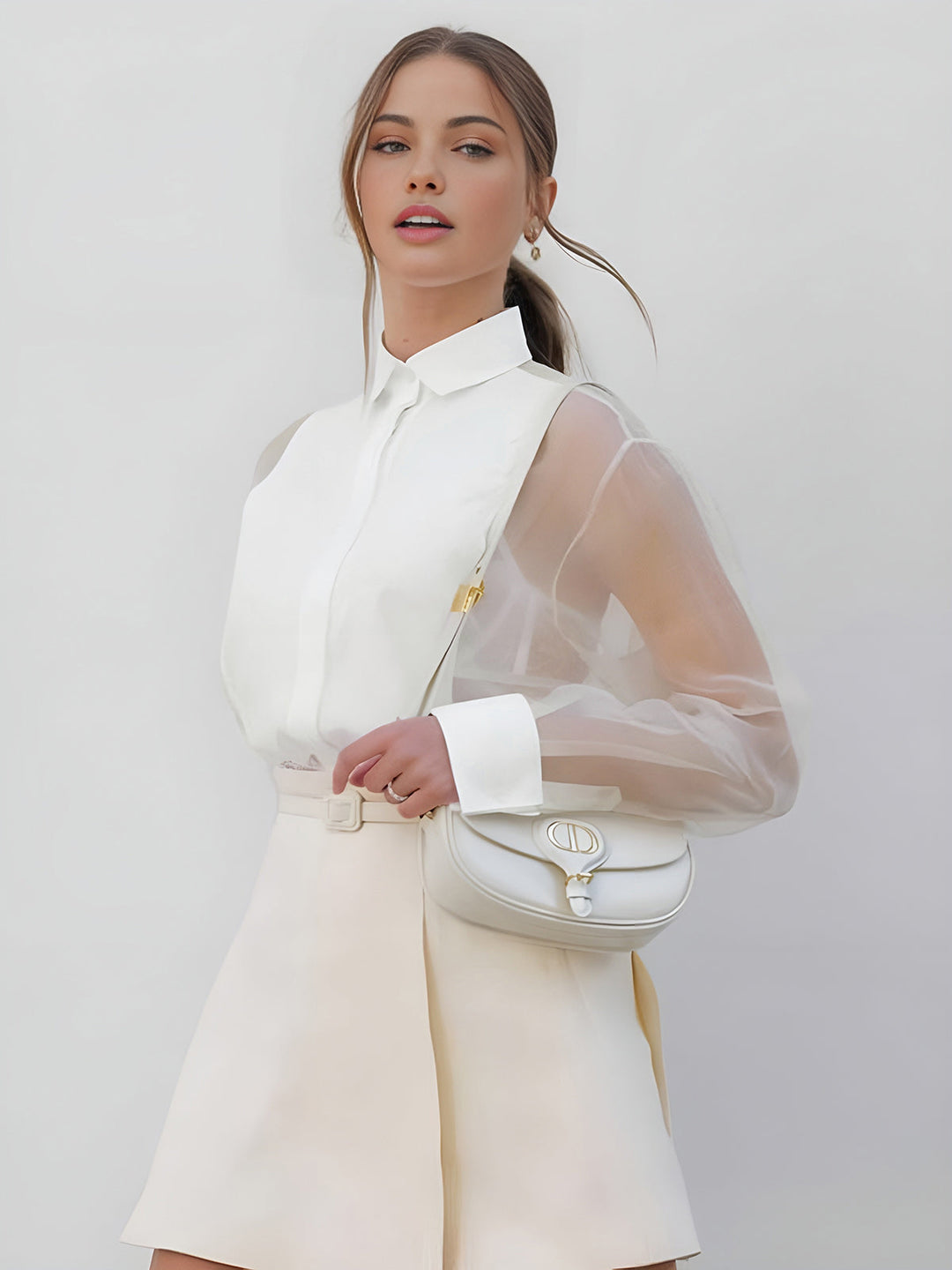 Womens Organza Blouse with Transparent Mesh Sleeves Classic Fit