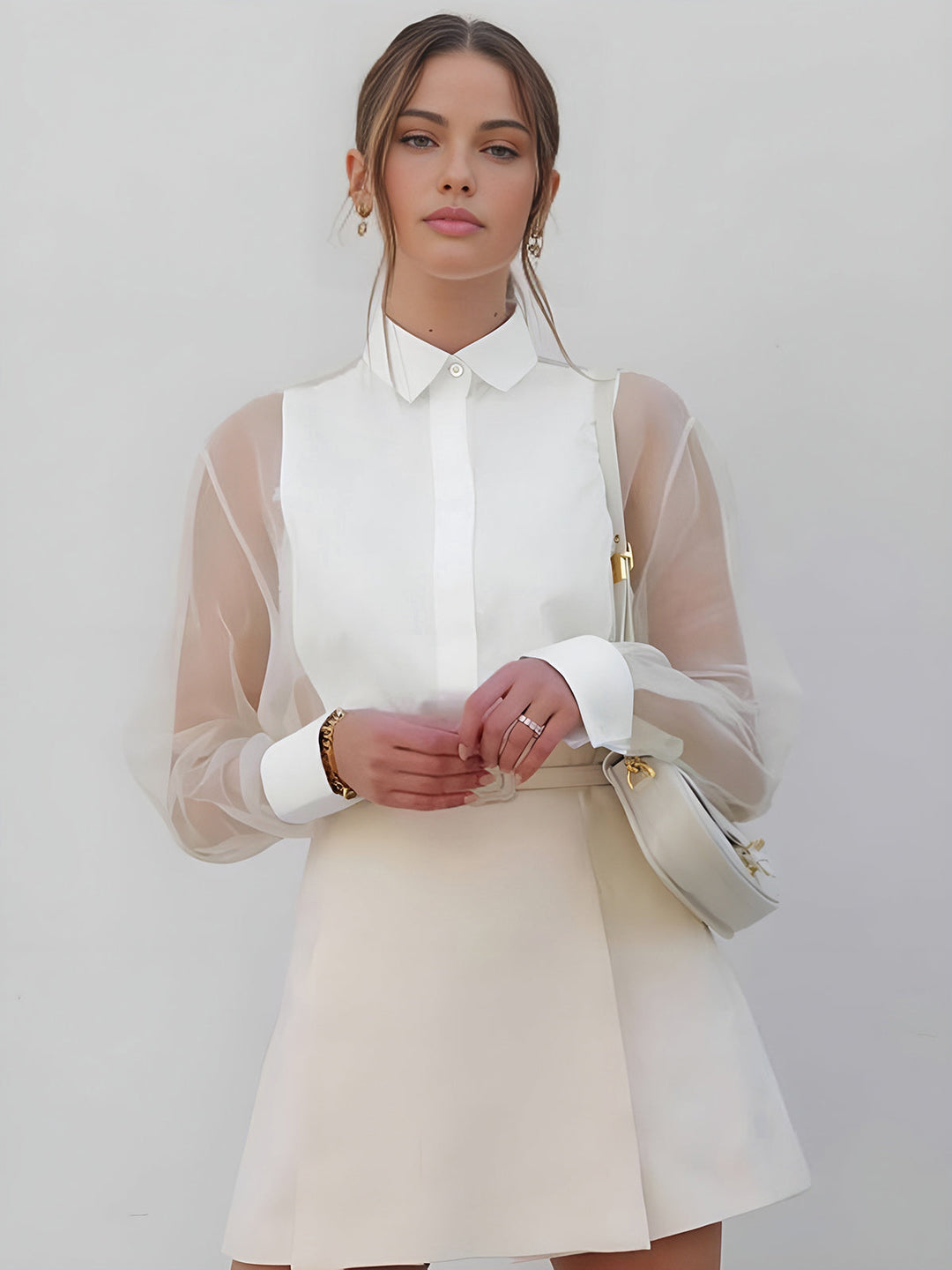 Womens Organza Blouse with Transparent Mesh Sleeves Classic Fit